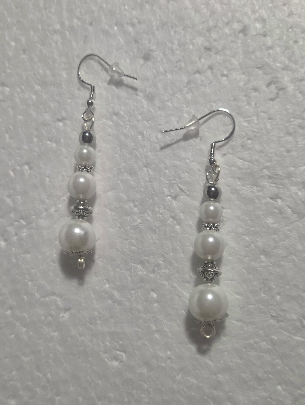Handcrafted Classic Silver And Faux Pearl Drop Earrings - Pearlescent Beads